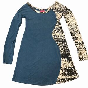 Kelly Lane XS Asymmetrical Long Sleeve Bodycon Dress Teal Abstract